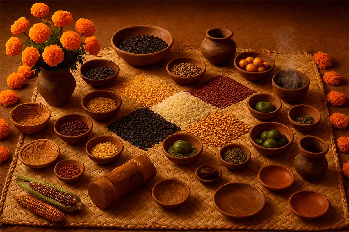 Ofrenda otomí para celebrar el Día de Muertos; esta cuenta con flores de cempasúchil, semillas variadas (maíz, frijoles de diferentes colores, amarillos, negros, rojos), recipientes de barro, instrumentos rituales indígenas otomí (tam-tam, incensario, canastas de hojas tejidas), sobre un petate artesanal tejido.