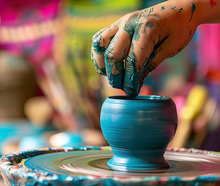 Barro de color verde siendo moldeado para formar alguna artesanía u objeto.