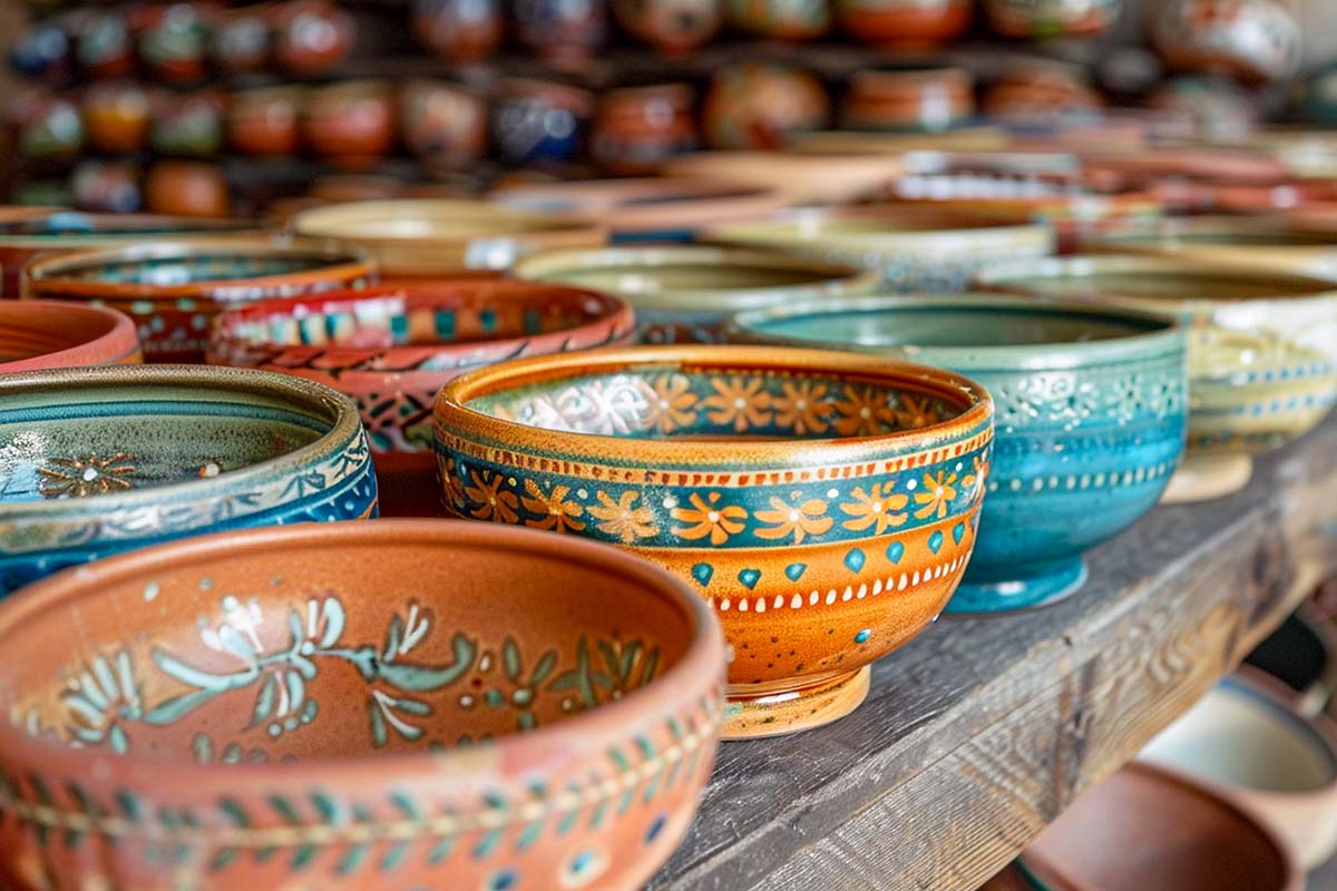 Vasijas artesanales mexicanas hechas de barro, pintadas con colores vibrantes y distintas formas orgánicas y geométricas.