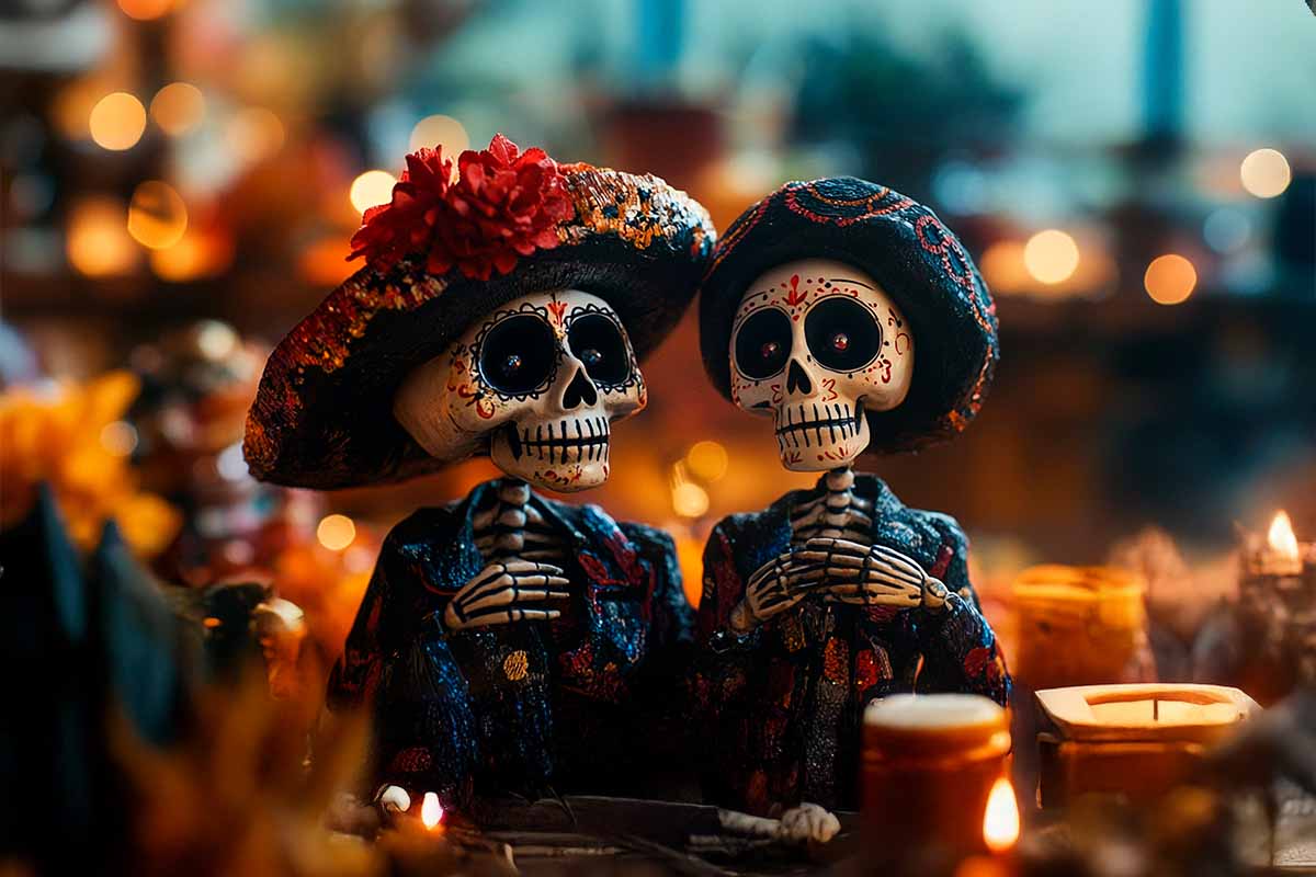 Calaveras caracterizadas para el Día de Muertos en México, vestidas de negro y alrededor adornadas con objetos de color naranja.